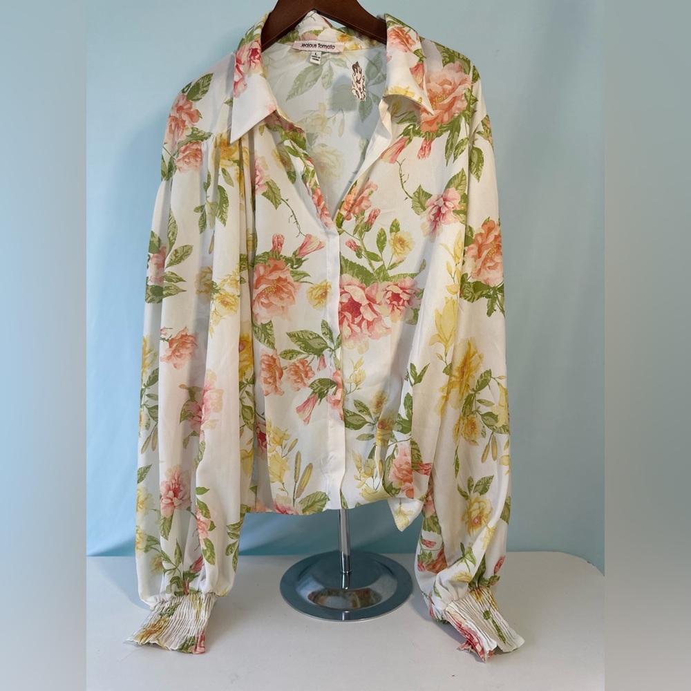 NWT Jealous Tomato White Floral Print Work Blouse Size Large